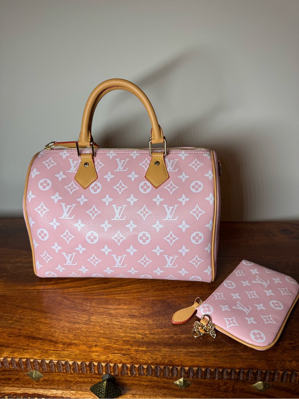 Pink Satchel with Tan Trims. No Brand. - Picture 2 of 10